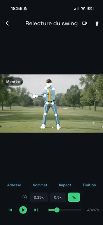 Écran de relecture du swing de Lofted, avec squelette superposé au golfeur et contrôles de vitesse