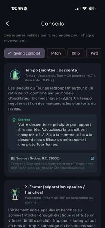 Écran conseils de Lofted, avec onglets swing complet, pitch, chip, putt et sources scientifiques
