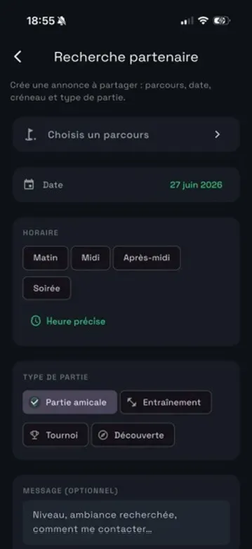 Écran recherche de partenaire de Lofted : choix du parcours, de la date et du type de partie
