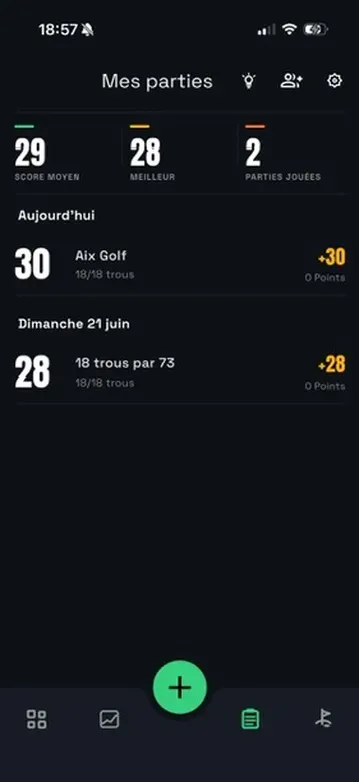 Écran mes parties de Lofted : score moyen, meilleur score et historique des parties